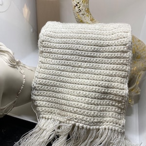 Handmade Crochet Scarf with Fringe - Cream / Off White