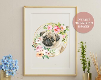 Dogs Portrait Prints Set of 5, Dog Printable Art, Nursery Decor with Flowers, Printable Wall Art, Digital Download