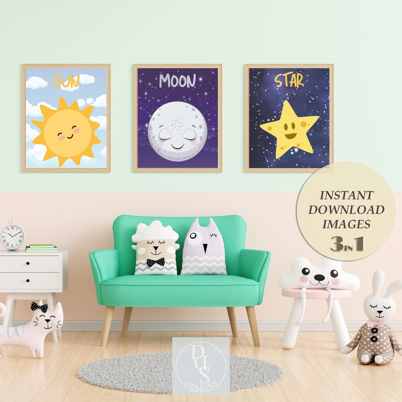 Sun Moon and Star Wall Art Set of 3 Prints, Gender Neutral Baby Art