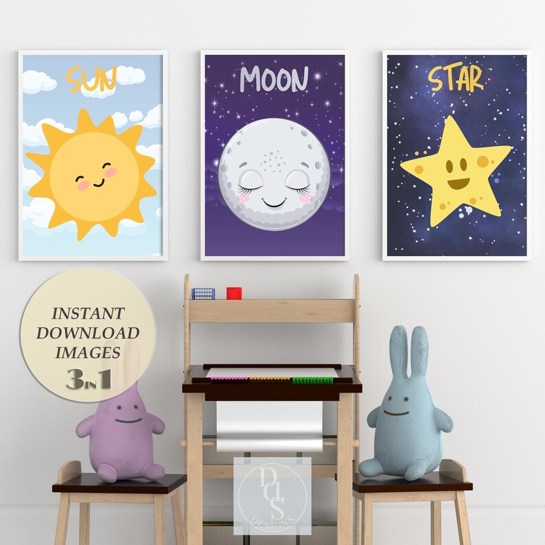 Sun Moon and Star Wall Art Set of 3 Prints, Gender Neutral Baby Art