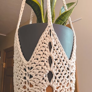 May include: A white crocheted plant hanger with a black pot and a green snake plant inside.