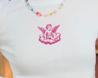 Pink Cherub Long Sleeve Baby Tee, Angel Aesthetic Y2K Top, Coquette Long Sleeve Crop, Cute Graphic Tee, 2000s Inspired Shirt