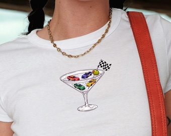 Stock Car Martini Baby Tee, Race Day Shirt, Checkered Flag Crop Top, Women’s Motorsports Tee, Cute Racing Outfit, Sports Girl Shirt