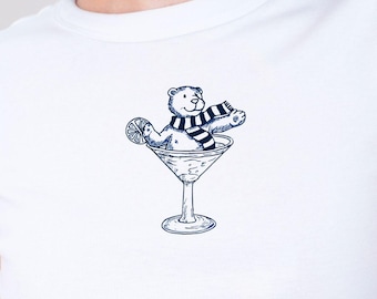 Lion Baby Tee, Blue & White Martini Graphic Crop Top, College Game Day Shirt, Tailgate Baby Tee, Trendy Mascot Tee