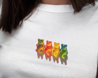 Gummy Bear Baby Tee, Sweet Y2K Aesthetic Top for Her, Candy Graphic Cropped Tee, Coquette Baby Tee, Holiday Gift for Girls, Cute Trendy Tee