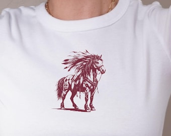 Retro Horse Baby Tee, Vintage Mascot Graphic Shirt, Y2K Game Day Crop Top, Tribal Horse Tee, Fall Tailgate Outfit