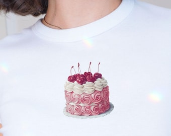 Pink Cherry Cake Graphic Tee, Cute Pink and Red Cherry Cake Design, Trendy Women's Shirt, Coquette Fashion Top, Summer Style,Y2k Cropped Tee