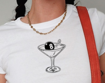 Martini Eight Ball Baby Tee: Y2K Cocktail Graphic Cropped T-Shirt