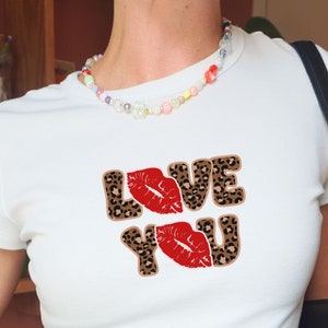 LOVE YOU Leopard Lips Baby Tee, Valentine Crop Top, Y2K Coquette Shirt, Retro Graphic Fitted Tee, Cute Romantic Gift for Her