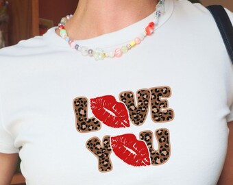 LOVE YOU Leopard Lips Baby Tee, Valentine Crop Top, Y2K Coquette Shirt, Retro Graphic Fitted Tee, Cute Romantic Gift for Her