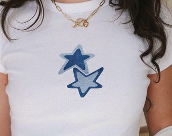 Blue Stars Womens Graphic Baby Tee Two Denim Star T-Shirt Cool Girl Top Gift For Her, Pinterest Aesthetic, Y2k 90s Fashion, Cropped Tee