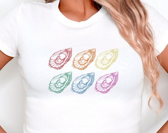 Pride Oyster Shell Baby Tee: Y2K Rainbow Crop Top