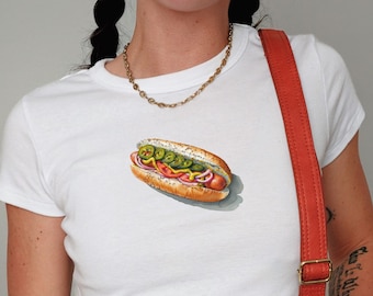Y2K Hot Dog Baby Tee: Fitted Cropped Foodie Shirt