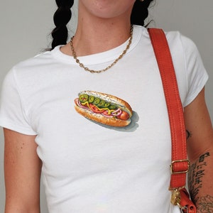 Y2K Hot Dog Baby Tee: Fitted Cropped Foodie Shirt