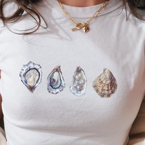 Oyster Y2K Baby Tee, Mermaidcore Shirt, 90s Baby Tee, Downtown Teenage Girl Gift, Oceancore Clothing Crop Top, Seafood Summer Shirt Mermaid