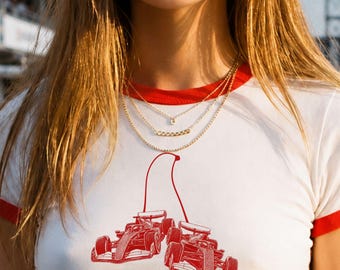 Race Car Cherries Ringer Tee, Women's Race Day Shirt, Vintage Racing Baby Tee, Race Weekend Outfit, Motorsports Graphic Tee, Retro Ringer