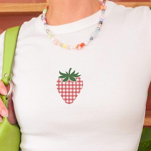Strawberry Graphic Baby Tee Shirt, Coquette Baby Tee, Strawberry Fruit Summer Baby Tee Shirt, Trendy Fruit Shirt Fitted Baby Tee Crop Shirt