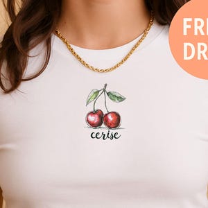 Cherry Baby Tee, French Coquette Crop Top, Y2K Fruit Graphic Cropped Shirt, Retro Summer Baby Tee