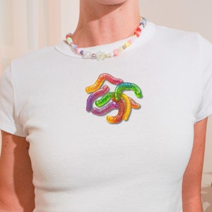 Gummy Worm Baby Tee, Y2K Candy Shirt, Cute Graphic Crop Top, Retro Sweet Treat T-Shirt, Festival Foodie Baby Tee, Candy Lover
