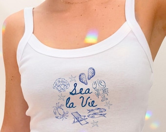 Sea La Vie Baby Tank, Beachy Graphic Crop Top, Coastal Aesthetic Tank, Bella Canvas Baby Tee, Summer Y2K Tank Top, Mermaidcore Shirt