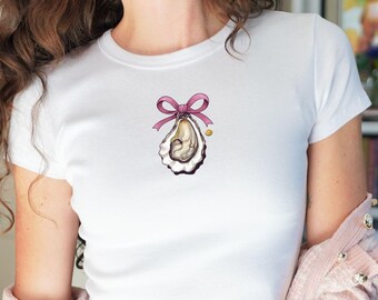 Oyster Y2K Baby Tee, Mermaidcore Shirt, 90s Baby Tee, Downtown Teenage Girl Gift, Oceancore Coquette Crop Top, Seafood Shirt Mermaid Bow