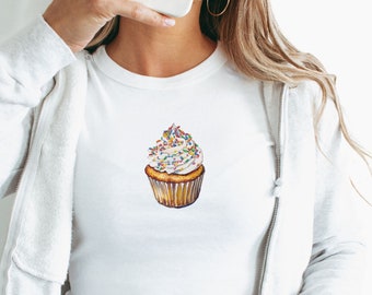 カップケーキ ベビーTシャツ y2k ベビーTシャツ レインボー 美的ケーキ トレンディな女性用コケット ベビーTシャツ クロップドシャツ ティーン向けギフト カップケーキ愛好家ギフト バニラ