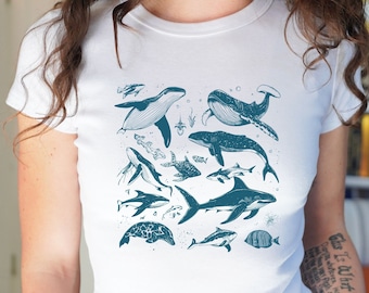 90s Ocean Life Baby Tee: Retro Y2K Coastal Crop Top