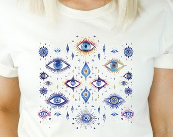 Retro Blue Evil Eye Shirt: Mystical Witchy Pattern Tee