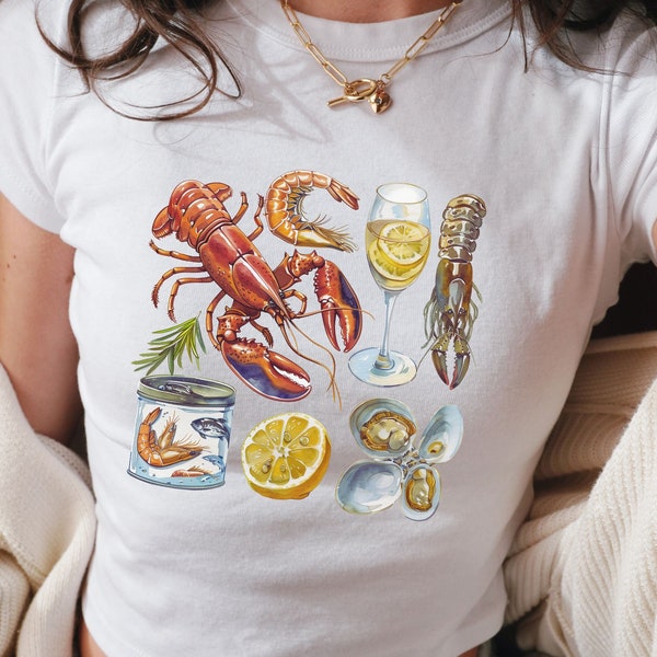 Painted Seafood Platter Girl Mess Coquette Baby Tee Collage Y2k Graphic Baby Tee, 90s Baby Tee, Fish Baby Tee, Lobster Baby Tee Trending Tee