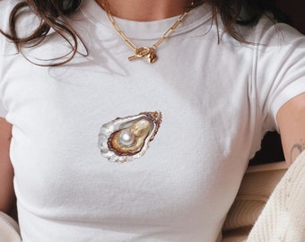 Oyster Y2K Baby Tee, Mermaidcore Shirt, 90s Baby Tee, Downtown Teenage Girl Gift, Oceancore Clothing Crop Top, Seafood Summer Shirt Mermaid