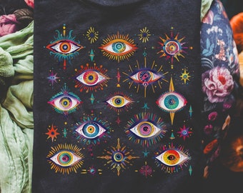 Retro Evil Eye T-Shirt: Mystical Witchy Pattern, Unisex Cotton Tee