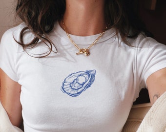 Oyster Y2K Baby Tee, Mermaidcore Shirt, 90s Baby Tee, Downtown Teenage Girl Gift, Oceancore Clothing Crop Top, Seafood Summer Shirt Mermaid