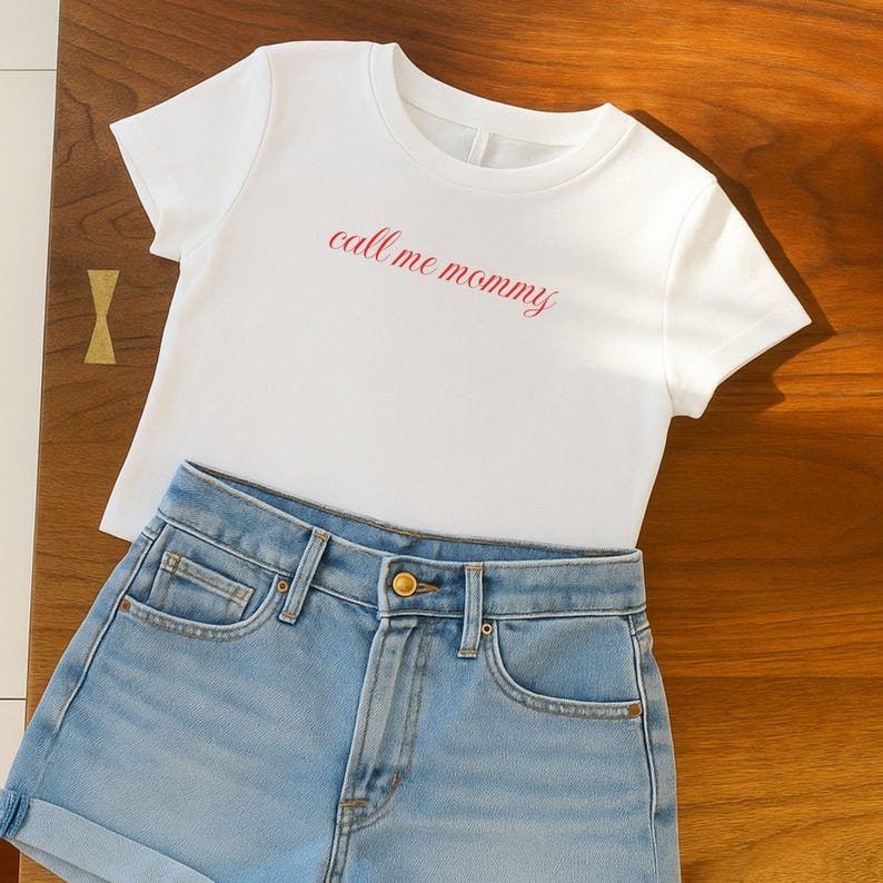 May include: A white t-shirt with the phrase "call me mommy" in red script, alongside light blue denim shorts. The shorts feature a classic five-pocket design and a button closure.
