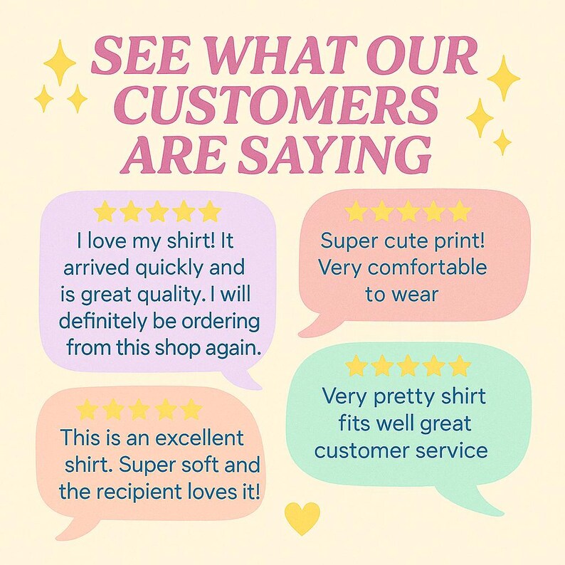 May include: A graphic with the text "SEE WHAT OUR CUSTOMERS ARE SAYING" in pink. Customer reviews are in speech bubbles, including "I love my shirt!" and "Super cute print!" with star ratings.