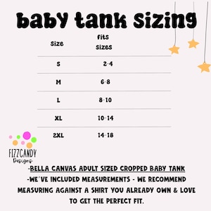 May include: A chart showing baby tank sizing with a white background and yellow stars hanging from the top. The chart shows the size of the tank and the corresponding age range it fits. The text reads "baby tank sizing" and "Size" and "fits sizes". The chart shows the following sizes: S, M, L, XL, 2XL. The corresponding age ranges are: 2-4, 6-8, 8-10, 10-14, 14-18.