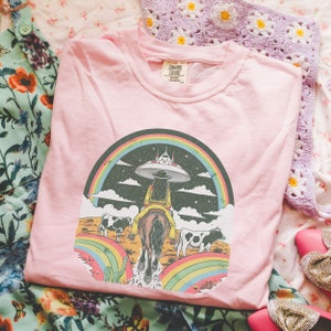 May include: Pink t-shirt with a graphic of a woman riding a horse through a rainbow with a UFO in the background. The text "COMFORT COLORS" is on the tag.