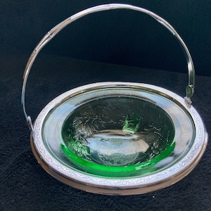 Green Depression glass basket w/ chrome rim and collapsible handle