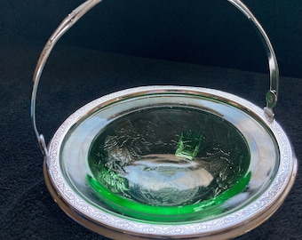 Green Depression glass basket w/ chrome rim and collapsible handle