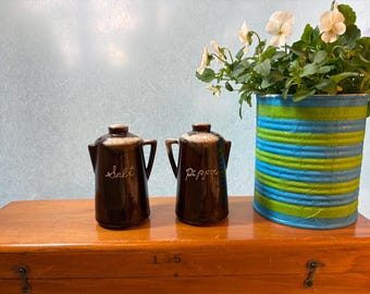 Coffeepot salt and pepper shakers (brown glazed ceramic), 3.75"H x 2.25"W