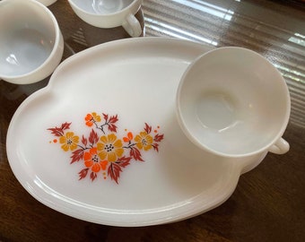 Federal Glass Blossom Snack Set, Milk Glass Party Tray, 1960s, 8pc