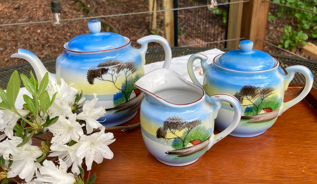 Southern Tea Set Vintage Tea Set (rustic Lakeside Scene; Pot, Sugar, and Creamer ...
