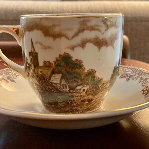 Royal Tudor Ware Demitasse Cup and Saucer: &quot;Olde England&quot; Pattern, Barker Bros