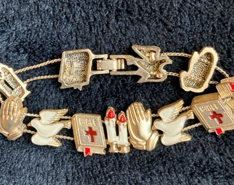 Enameled slide bracelet (gold-tone religious Christian charms), c. 1980s