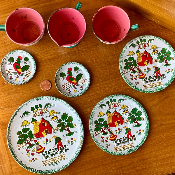 Ohio Art toy dishes with red and green farm scene/rooster, tin, c. 1950s