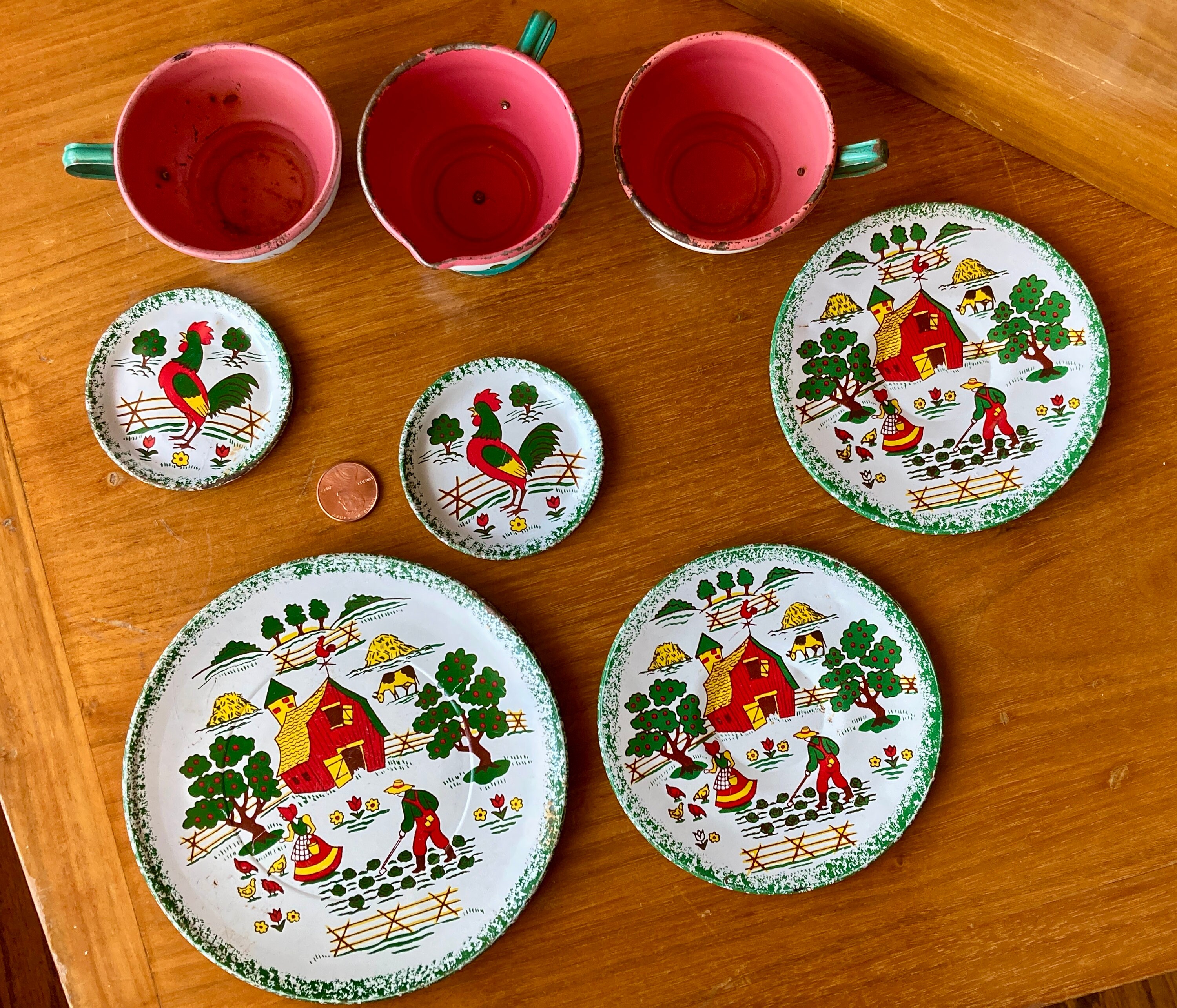 Ohio Art Toy Dishes With Red and Green Farm Scene/rooster, Tin, C