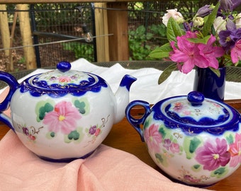1910s teapot and sugar bowl (handpainted floral with gilt detail; Nippon/Japan)