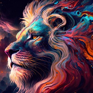 May include: A colorful abstract painting of a lion's head with a mane of swirling colors against a dark background with clouds and stars.