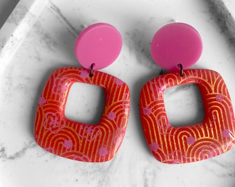 The Dorothy Earring. Red, gold and pink vintage style, square drop earring. Ultra lightweight. Polymer clay. Lovely gift for a friend.