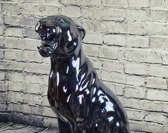 Vintage Black Panther Leather Wrapped Statue - Retro Interior