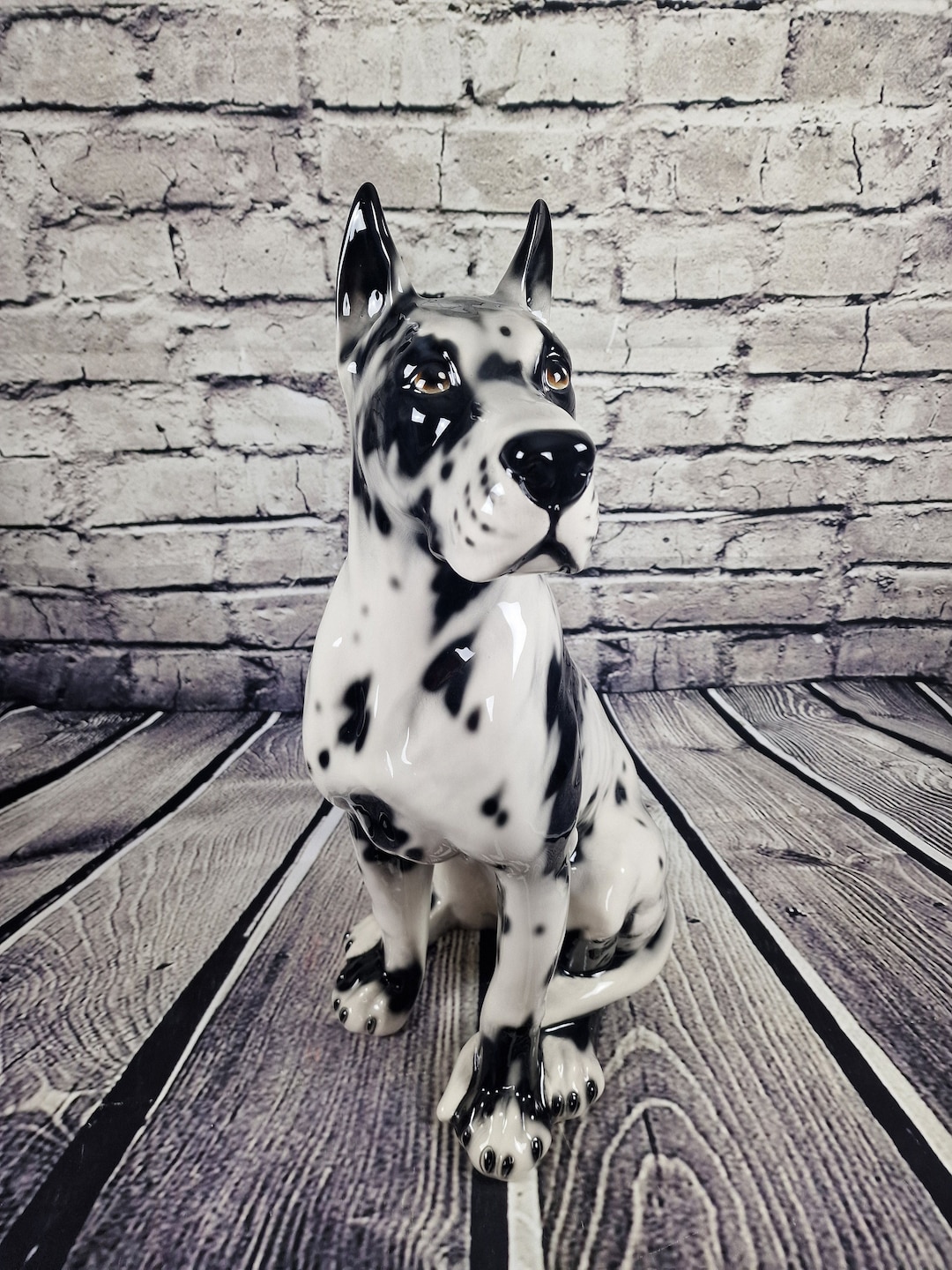 Great Dane Harlequin Artistic Ceramic Figure, Cropped Appx. 62cm